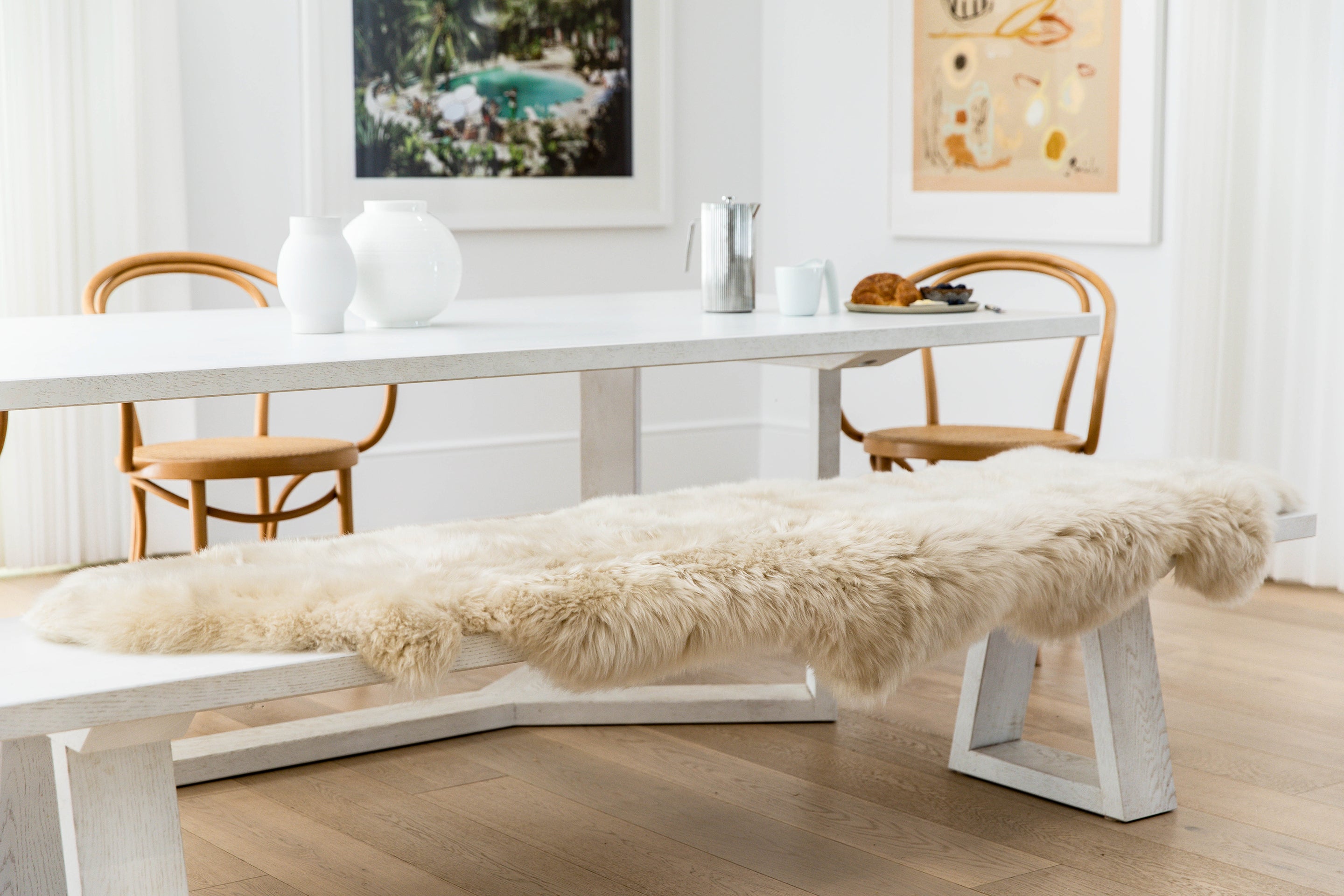 Bench with sheepskin throw hot sale